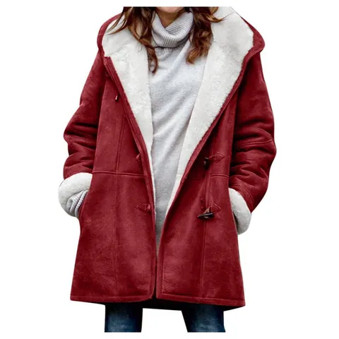 Women Mid Length Hooded Coat Winter Warm Fleece Lined Jacket With Toggle Buttons Solid Color Casual Harajuku Outerwear Top