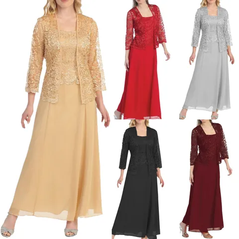 Elegant Women Lace Cardigan And Chiffon Maxi Skirt Top And Bottom Plus Size Solid Color Formal Evening Party Outfit