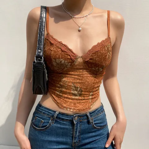 Canotta da Donna a Fiori Vintage in Rete Sexy Slim Fit con Bordo in Pizzo Stile Corsetto Crop Top Streetwear Top per Estate