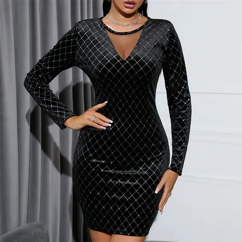 Women Sexy Black Velvet Rhinestone Mini Dress Elegant Mesh Patchwork V Neck Long Sleeve Bodycon Party Top And Bottom