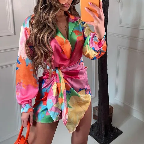 Chemise Décontractée en Polyester pour Femmes Imprimé Revers Haut à Manches Longues Taille Nouée Blouse Florale pour Vacances Quotidien