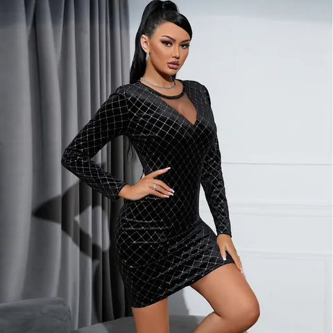 Women Sexy Black Velvet Rhinestone Mini Dress Elegant Mesh Patchwork V Neck Long Sleeve Bodycon Party Top And Bottom