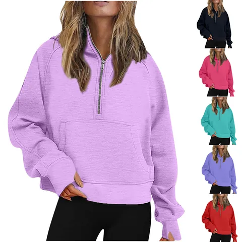 Felpa con Cappuccio da Donna Stile Scuba con Mezza Zip Sudadera in Pile Corta Tinta Unita Top a Maniche Lunghe per Yoga Sport
