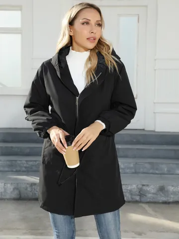 Women Mid Length Hooded Fleece Windbreaker Jacket Plus Size Solid Color Zip Up Parka Coat With Pockets For Autumn Winter