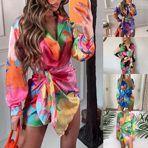 Chemise Décontractée en Polyester pour Femmes Imprimé Revers Haut à Manches Longues Taille Nouée Blouse Florale pour Vacances Quotidien