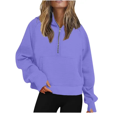 Felpa con Cappuccio da Donna Stile Scuba con Mezza Zip Sudadera in Pile Corta Tinta Unita Top a Maniche Lunghe per Yoga Sport