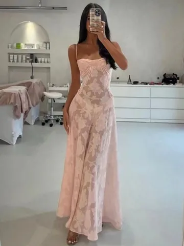 Women Sexy Sheer Floral Maxi Dress Spaghetti Strap Sleeveless Patchwork Long Summer Beach Vacation Sun Dress Party Outfits