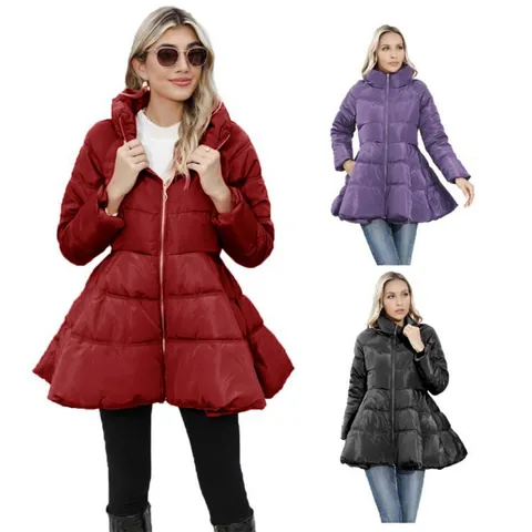 Women Elegant Slim Fit Peplum Padded Coat Stand Collar Quilted Mid Length Winter Thick Warm Jacket Top