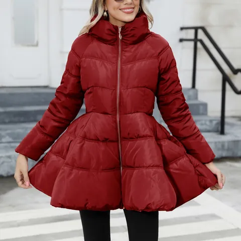 Women Elegant Slim Fit Peplum Padded Coat Stand Collar Quilted Mid Length Winter Thick Warm Jacket Top