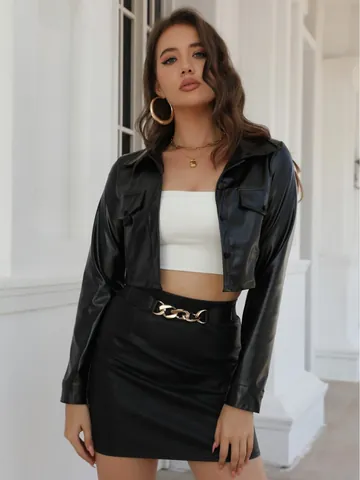 Women's Cropped PU Leather Jacket Maillard Style Personalized Lapel Button Up Moto Cardigan Short Coat Streetwear