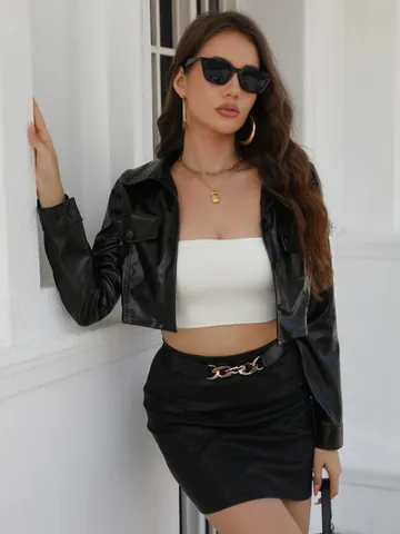 Women's Cropped PU Leather Jacket Maillard Style Personalized Lapel Button Up Moto Cardigan Short Coat Streetwear