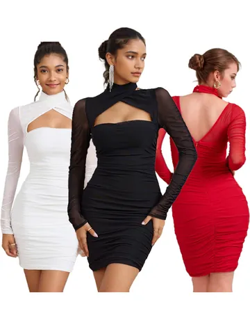 Women Sexy Long Sleeve Mesh Mini Dress Ruched Cross Cut Out Halter Neck Bodycon Short Party Dress Spring Summer Clubwear
