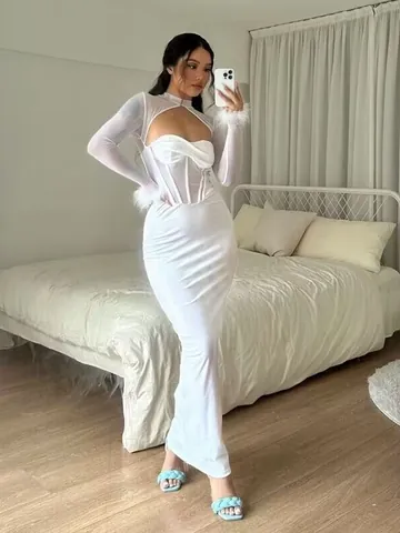 Women European Sexy Nightclub Style Mesh Patchwork Cutout Maxi Dress Polyester Faux Fur Trim Cuffs Slim Fit Party Dress