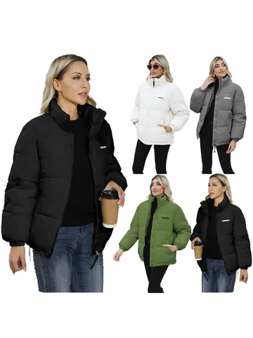Women Warm Puffer Jacket High Neck Quilted Winter Coat Loose Fit Zipper Outerwear Solid Color Long Sleeve Padded Jacket For Women