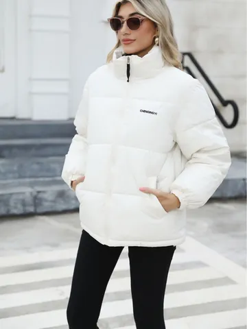 Women Warm Puffer Jacket High Neck Quilted Winter Coat Loose Fit Zipper Outerwear Solid Color Long Sleeve Padded Jacket For Women
