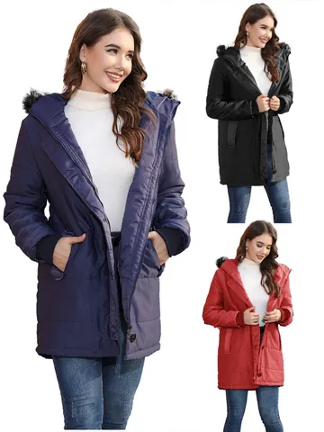 Women's Plus Size Hooded Puffer Jacket Polyester Cotton Filled Slim Mid Length Warm Coat Faux Fur Collar Winter Outerwear