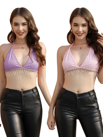 Top de Camisola Bikini Halter de Estrás Sexy para Mujer Cadena de Cristal Flecos Espalda Descubierta Estilo Francés