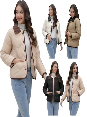 Women Lightweight Quilted Jacket Wave Pattern Padded Coat Flip Collar Single Breasted Outwear Top for Spring Autumn