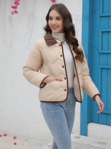 Women Lightweight Quilted Jacket Wave Pattern Padded Coat Flip Collar Single Breasted Outwear Top for Spring Autumn