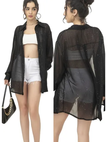 Women's Fashion Sequin Long Sleeve Blouse Sheer Mesh Lapel Single Breasted Loose Shirt Party Casual Top