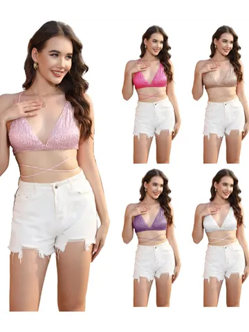 Top Bikini da Donna Sexy con Paillettes Halter Top Crop con Lacci Schiena Scoperta Scintillante Estate Spiaggia Clubwear
