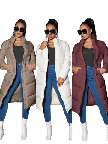 Women Winter Long Puffer Coat Stand Collar Quilted Jacket Solid Color Full Zip Warm Thick Outerwear Casual Streetwear