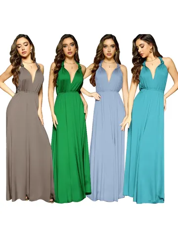 Women French Vintage Multi-Way Tie Maxi Dress Backless Sexy High Waist Big Swing Bridesmaid Party Formal Dress Polyester