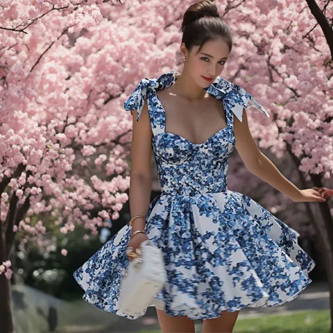 Summer Sexy Floral Print A-Line Mini Dress For Women Sleeveless Tie Shoulder Strap Sweetheart Neckline Vacation Resort Wear
