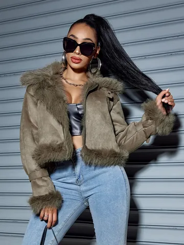 Women Suede Moto Jacket Faux Fur Trim Short Coat Outerwear Zipper Warm Winter Fashion Streetwear Top
