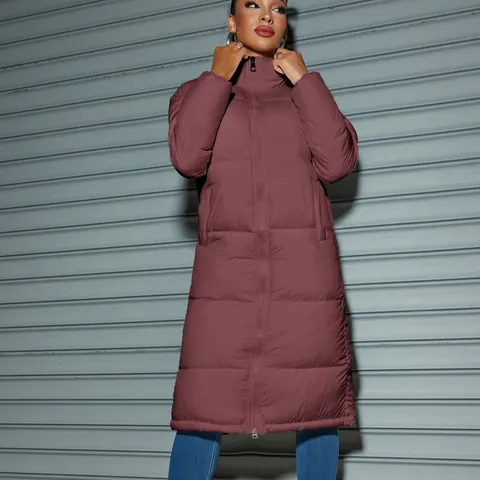 Women Winter Long Puffer Coat Stand Collar Quilted Jacket Solid Color Full Zip Warm Thick Outerwear Casual Streetwear