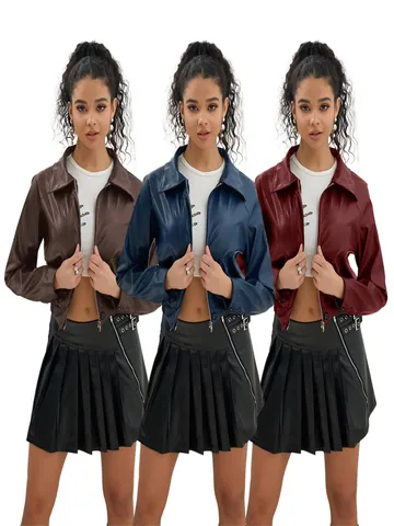 Femmes American Vintage Court PU Veste en cuir Moto Faux cuir Manteau à revers zippé Fashion Streetwear Top