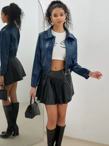 Femmes American Vintage Court PU Veste en cuir Moto Faux cuir Manteau à revers zippé Fashion Streetwear Top