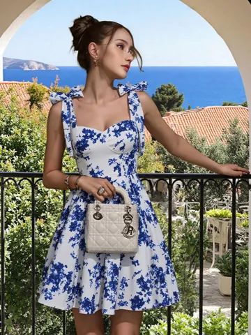 Καλοκαιρινό Σέξι Μίνι Φόρεμα Άλφα Γραμμή με Φλοράλ Σχέδιο για Γυναίκες Αμάνικο με Δέσιμο στους Ώμους Λαιμόκοψη Καρδιά για Διακοπές