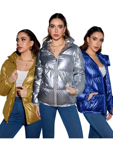 American Oversized Shiny Puffer Jacket Unisex Winter Metallic Glossy Hooded Cotton Padded Coat Fashion Warm Outerwear Top