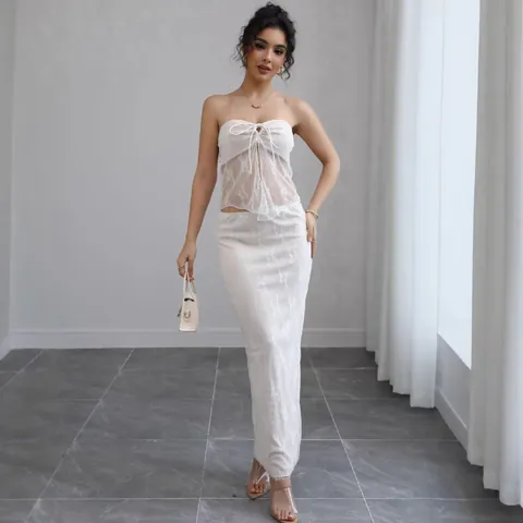 Women Sexy Lace Tube Top And Bottom Maxi Skirt Set Vacation Patchwork Hollow Out Co-ord Slim Fit Polyester Beach Outfit