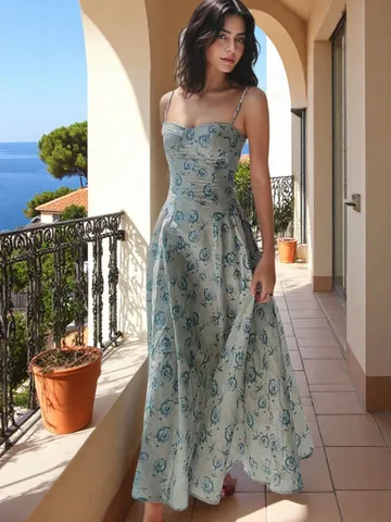 Vestido De Tirantes Floral Dulce Para Mujer Verano 2025 Estilo Europeo Ajuste Ceñido Vestido De Princesa Estampado Sin Mangas Vestido Maxi