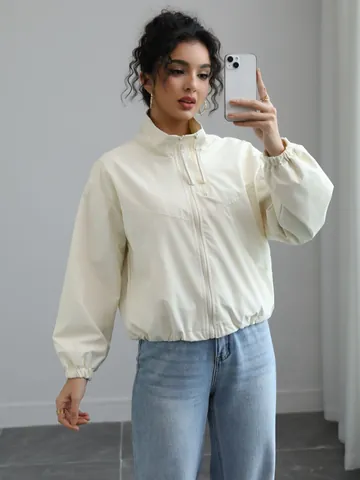 Women Short Stand Collar Waterproof Windbreaker Autumn Solid Color Casual Thin Jacket Zip Up Top Outwear