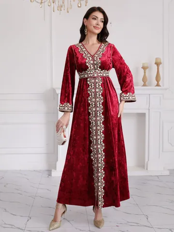 Women Autumn Winter Embroidered Polyester Velvet Dress Slim V Neck Long Sleeve Maxi Dress Ethnic Party Red