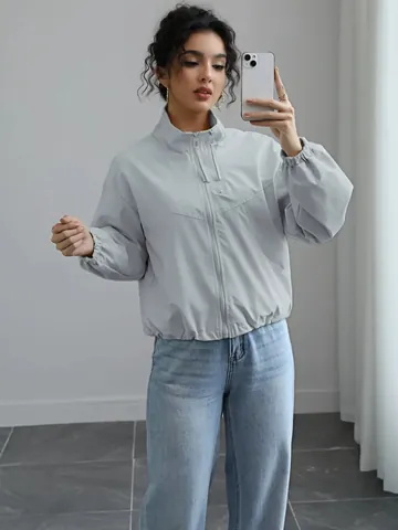 Women Short Stand Collar Waterproof Windbreaker Autumn Solid Color Casual Thin Jacket Zip Up Top Outwear