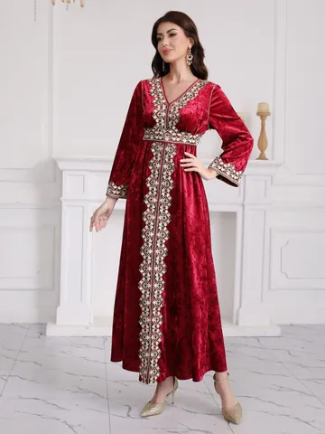 Women Autumn Winter Embroidered Polyester Velvet Dress Slim V Neck Long Sleeve Maxi Dress Ethnic Party Red