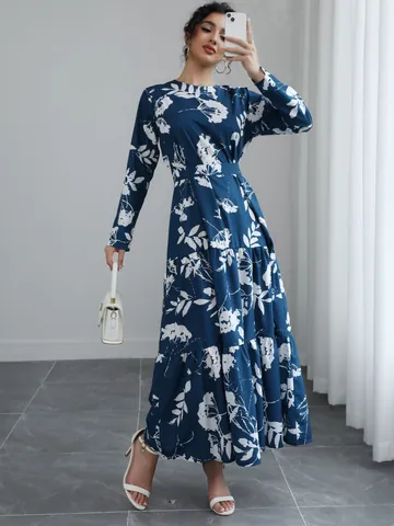 Damen Französisch Elegant Floral Bedruckt Langarm Maxi Kleid Blau Schnüren Taille Schlankmachend Großer Saum Rundhals Kleid