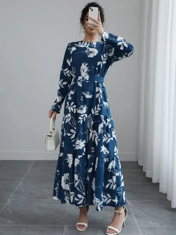 Damen Französisch Elegant Floral Bedruckt Langarm Maxi Kleid Blau Schnüren Taille Schlankmachend Großer Saum Rundhals Kleid