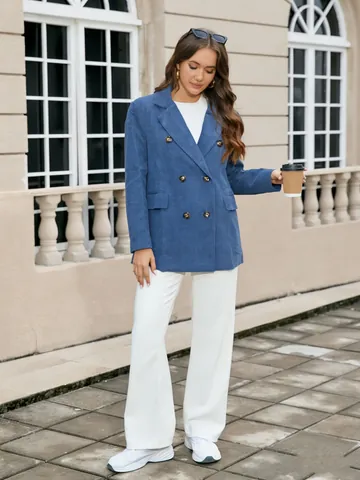 Blazer en Velours Côtelé Rétro pour Femmes Double Boutonnage Coupe Ample Couleur Unie Veste Décontractée Élégante Extérieur Printemps Automne