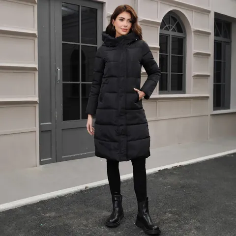 Women Winter Long Hooded Puffer Coat Slim Fit Quilted Padded Jacket Thick Warm Polyester Outwear Top
