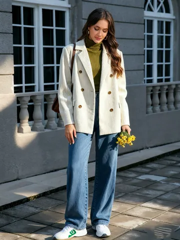 Blazer en Velours Côtelé Rétro pour Femmes Double Boutonnage Coupe Ample Couleur Unie Veste Décontractée Élégante Extérieur Printemps Automne