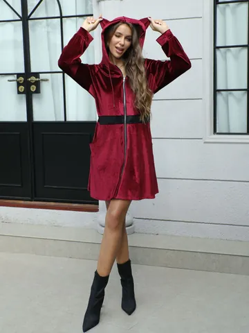 Women Golden Velvet Hooded Dress Cute Cat Ears Slim Fit Patchwork Long Sleeve Dress European Style Mid Length Party Dress