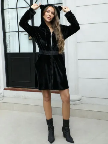 Women Golden Velvet Hooded Dress Cute Cat Ears Slim Fit Patchwork Long Sleeve Dress European Style Mid Length Party Dress