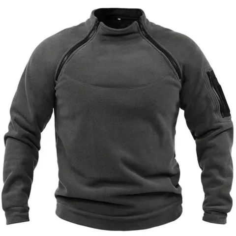 Herren Taktisch Stehkragen Sweatshirt Doppelter Seitlicher Reißverschluss Fleece Waffle Outdoor Pullover Einfarbig Langarm Top