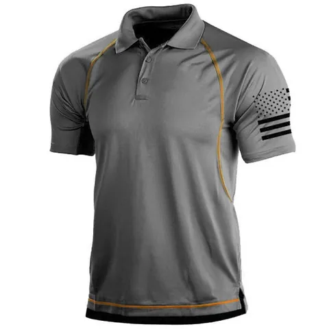 Men's Outdoor Tactical Polo Shirt Breathable Polyester Short Sleeve Top With US Flag Print Raglan Sleeve Sporty Polo Shirt