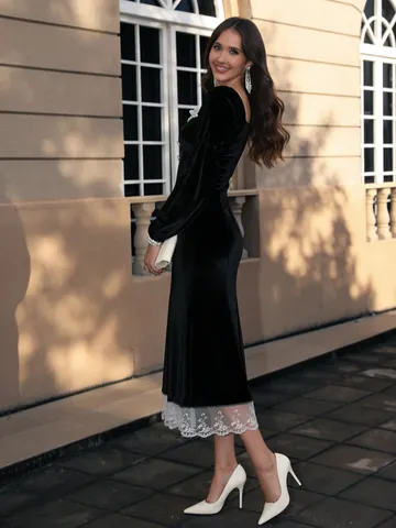 Robe Vintage Français en Velours Noir Style Audrey Femmes Patchwork de Dentelle Strass Coupe Slim Manches Longues Robe Longue